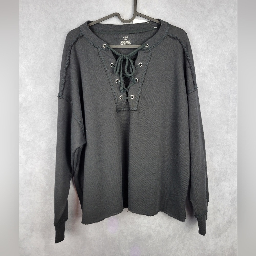 Aerie Lace Up Sweatshirt Distressed Hem Boho‎ Preppy Size Sp